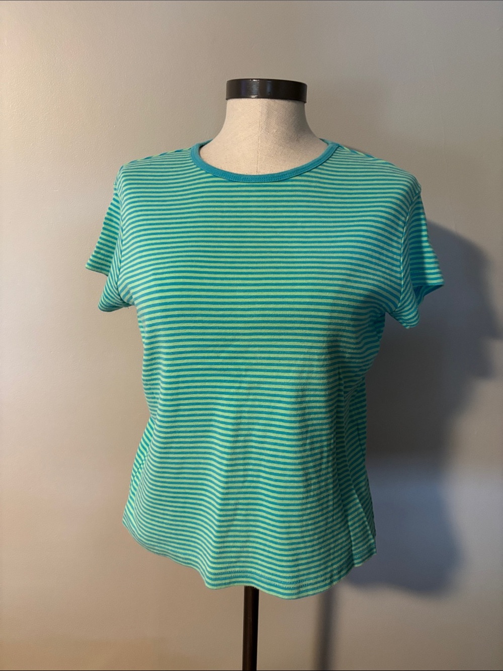 Basic Editions Teal and Mint Striped Short Sleeve Crewneck Top